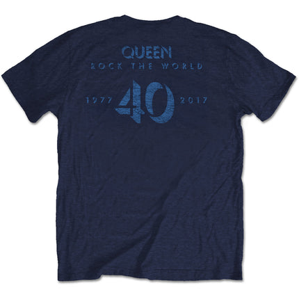 Queen News of the World 40th Vintage Logo Back Print Unisex Cotton Short Sleeves Tee Shirt - Navy Blue