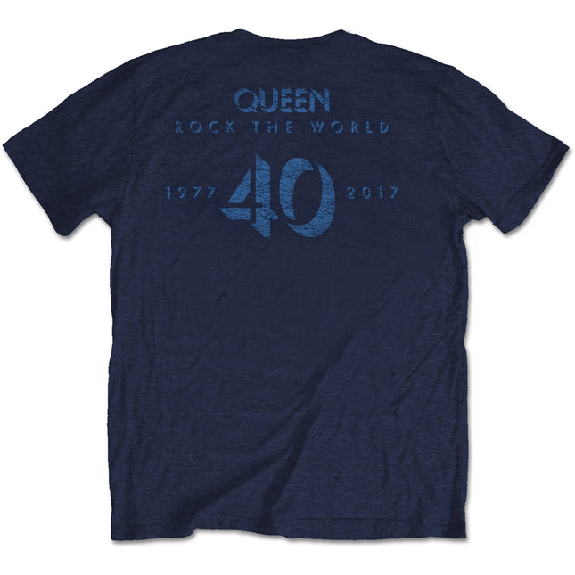 Queen News of the World 40th Vintage Logo Back Print Unisex Cotton Short Sleeves Tee Shirt - Navy Blue