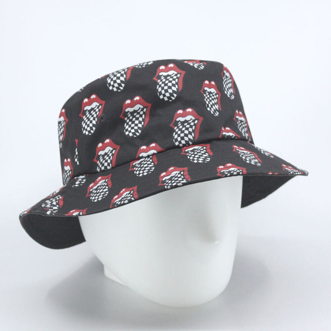 The Rolling Stones Unisex Cotton Bucket Hat - Checker Tongue Pattern - Charcoal Grey L/XL