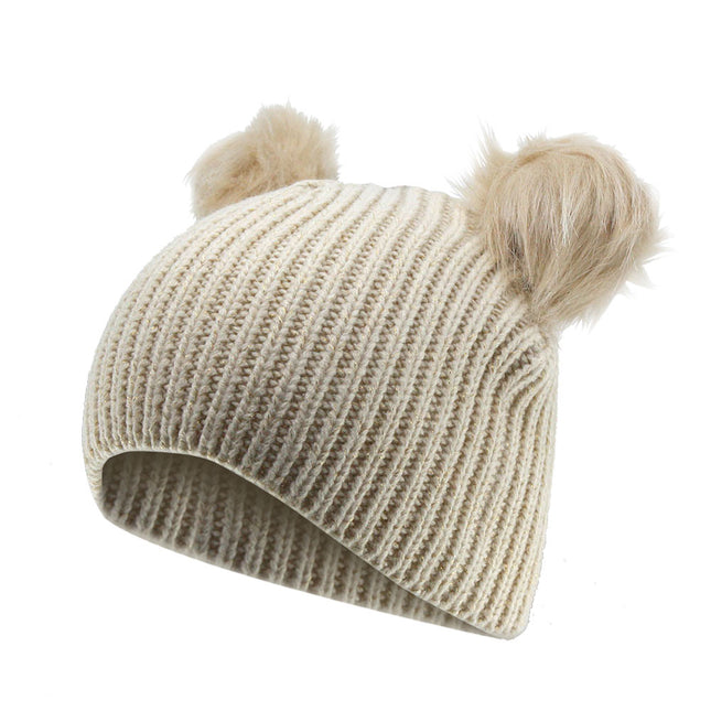 Faux Fur Pompoms Cute Ears Bling Cable Knit Beanie