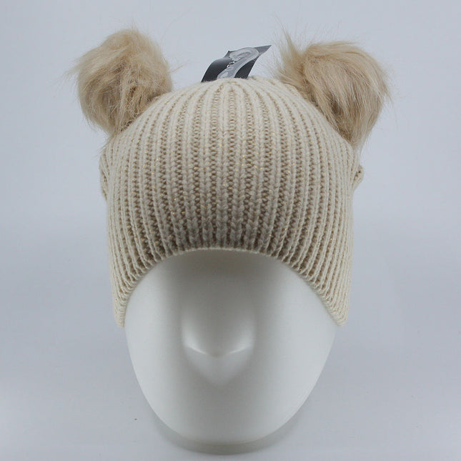 Faux Fur Pompoms Cute Ears Bling Cable Knit Beanie