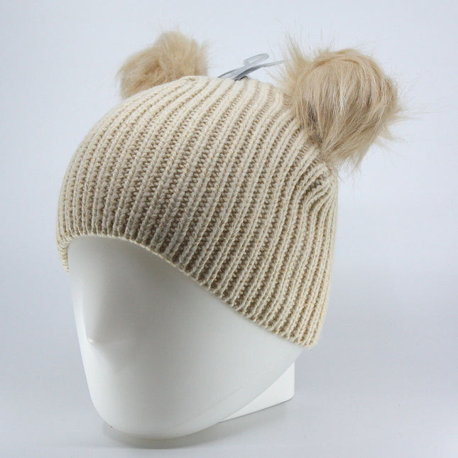 Faux Fur Pompoms Cute Ears Bling Cable Knit Beanie