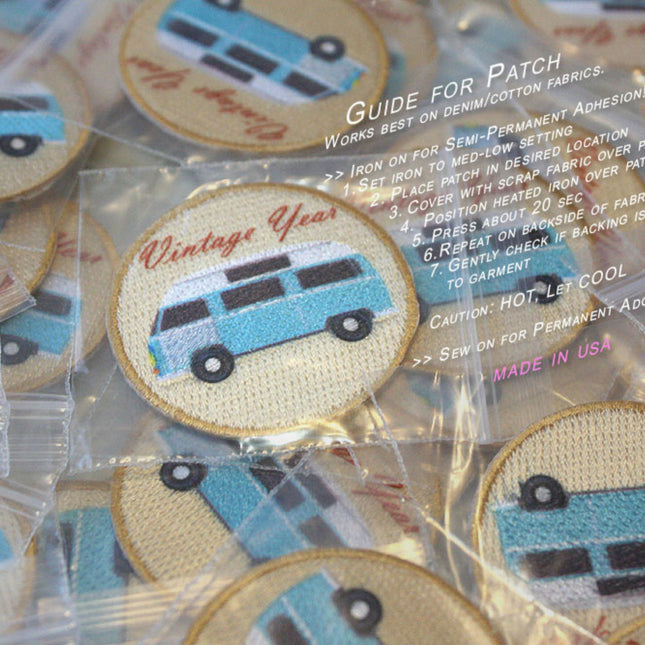 Embroidered Vintage Car Cotton Sew-On Iron On Standard Woven Patch Applique - Mini Bus Circle