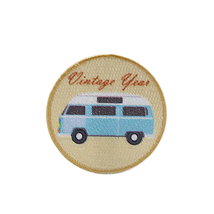 Embroidered Vintage Car Cotton Sew-On Iron On Standard Woven Patch Applique - Mini Bus Circle