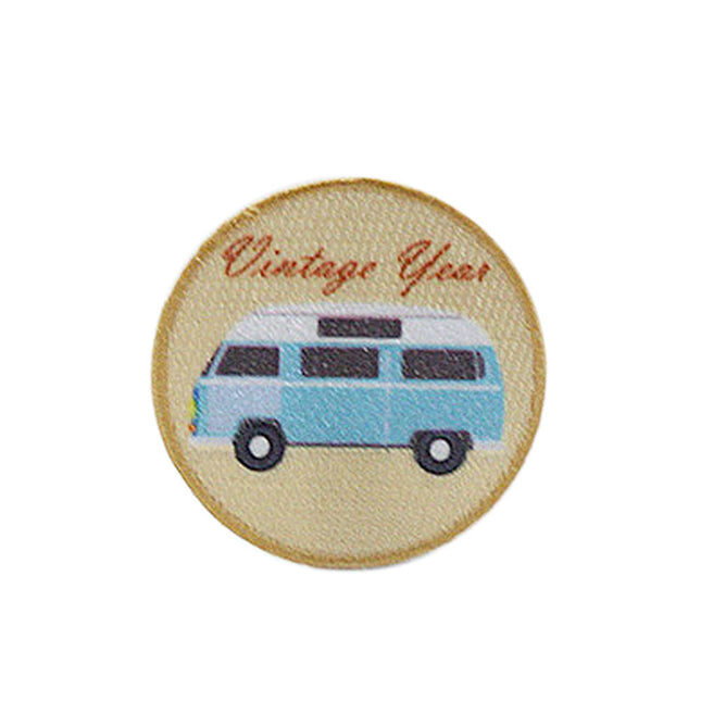 Embroidered Vintage Car Cotton Sew-On Iron On Standard Woven Patch Applique - Mini Bus Circle