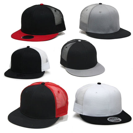Plain Cotton Twill Flat Brim Mesh Adjustable Snapback Trucker Baseball Cap