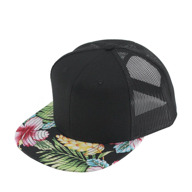 Floral Hawaiian/Black Square Flat Mesh Cotton Twill Adjustable Snapback Baseball Caps