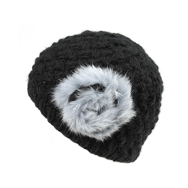 Woman's Soft Cable Furry Flower Crochet Fashion Knit Beanie Hat