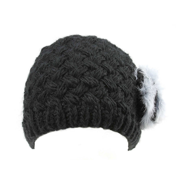 Woman's Soft Cable Furry Flower Crochet Fashion Knit Beanie Hat