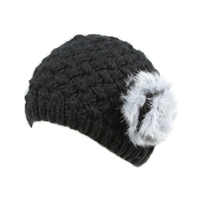 Woman's Soft Cable Furry Flower Crochet Fashion Knit Beanie Hat